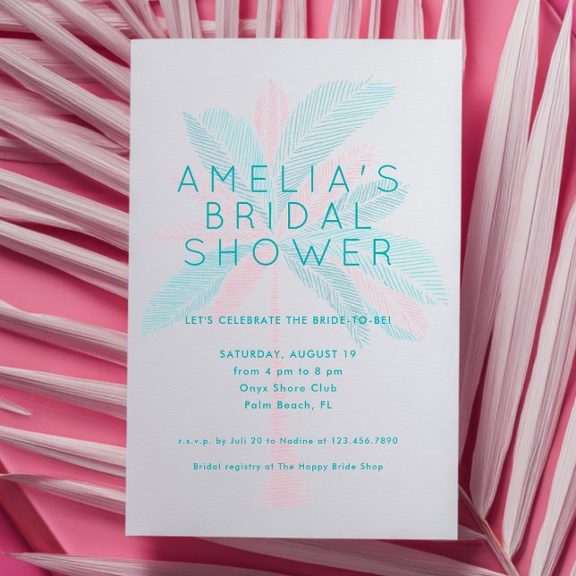 Invitación Modern Pink Turquoise Palm Tree Bridal Shower (Subido por el creador)