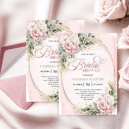 Invitación Modern Powder Pink Flowers Gold Bridal Shower