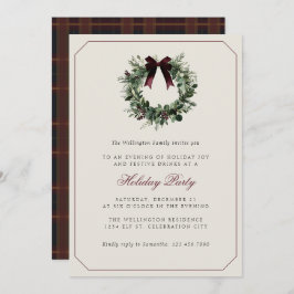 Invitación Modern Preppy Plaid Wreath Christmas Party