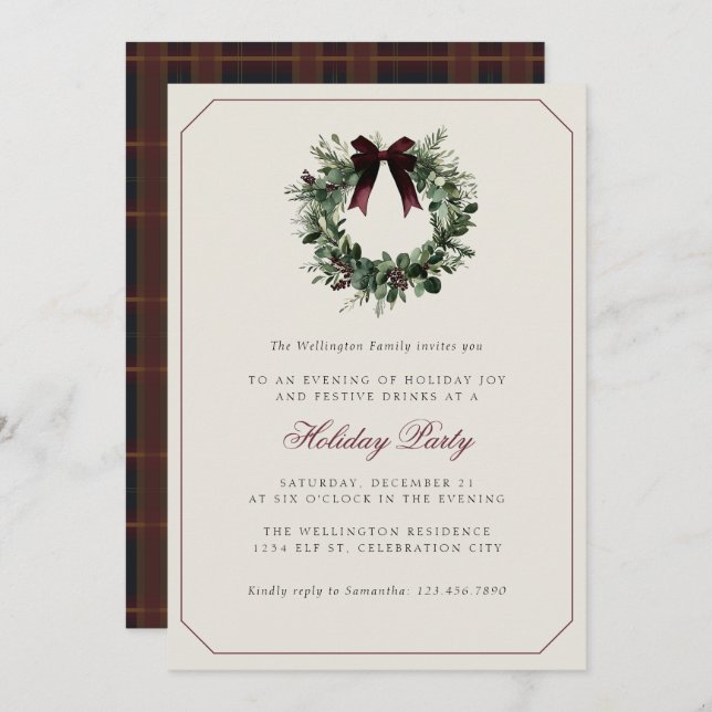 Invitación Modern Preppy Plaid Wreath Christmas Party (Anverso / Reverso)