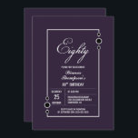 Invitación Modern Purple 80th Birthday Party<br><div class="desc">Invite a sus amigos y seres queridos a su fiesta de cumpleaños número 80 con esta moderna invitación de cumpleaños morada enmarcada en blanco.</div>