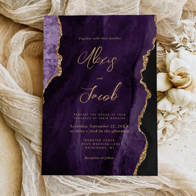 Invitación Modern Purple Agate Chic Script Wedding (Subido por el creador)