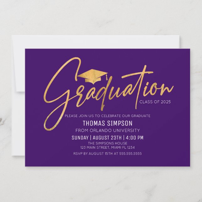 Invitación Modern purple and gold Graduation Invitation (Anverso)