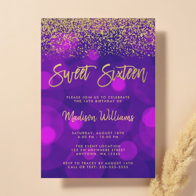 Invitación Modern Purple Bokeh Gold Purpurina Sweet 16 (Subido por el creador)