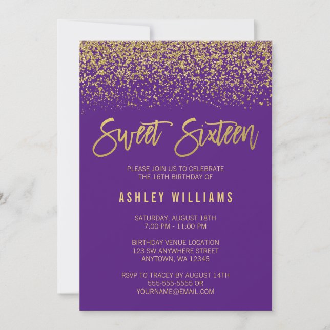 Invitación Modern Purple Faux Gold Purpurina Sweet 16 (Anverso)