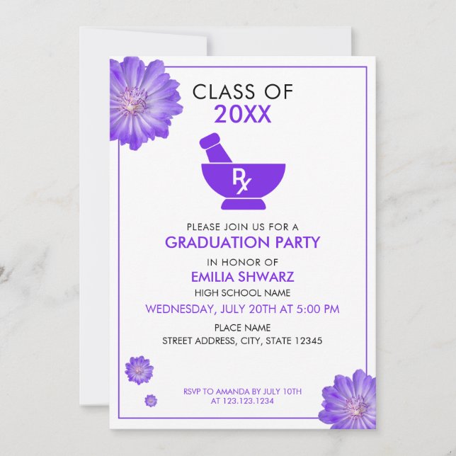 Invitación Modern Purple Floral Pharmacist Graduation Party (Anverso)
