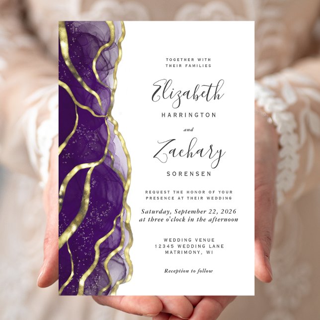 Invitación Modern Purple Gold Ink Wedding Invitation (Subido por el creador)