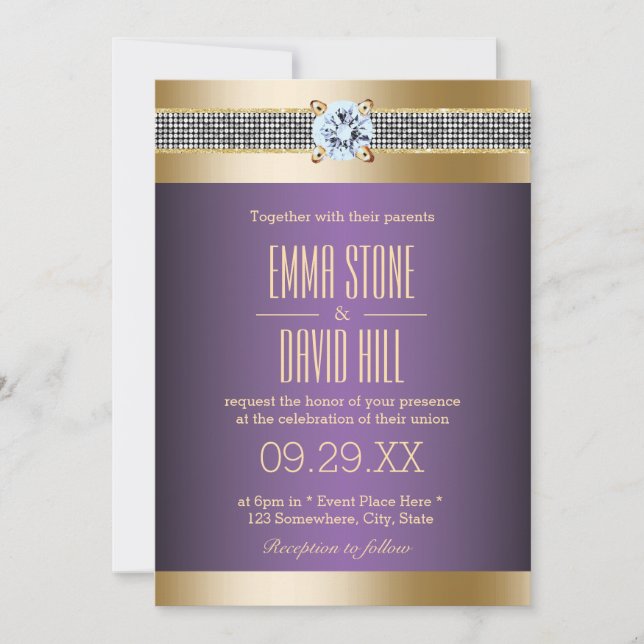 Invitación Modern Purple Gold Stripes Boda de lujo (Anverso)