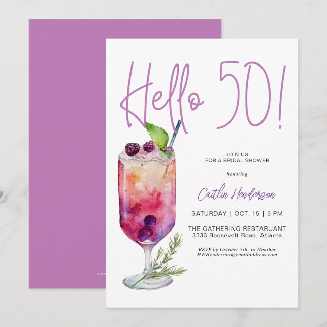 Invitación Modern Purple Hello 50 Birthday Party (Anverso / Reverso)