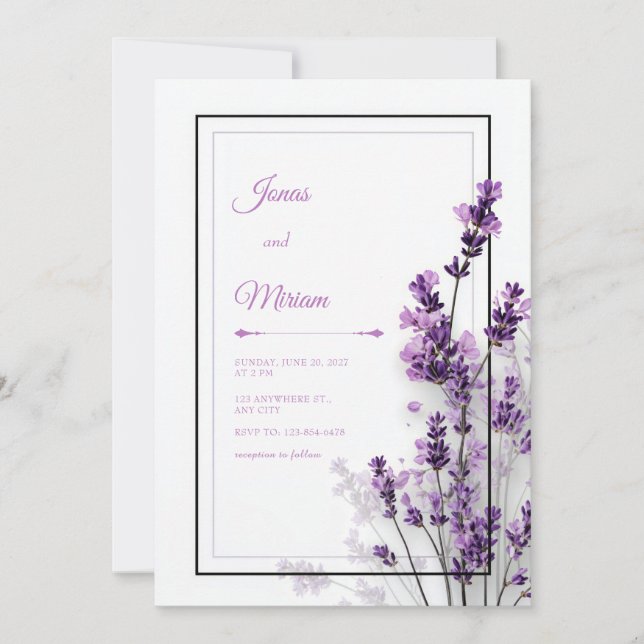 Invitación Modern Purple Lavender Black Purple Frame Wedding (Anverso)