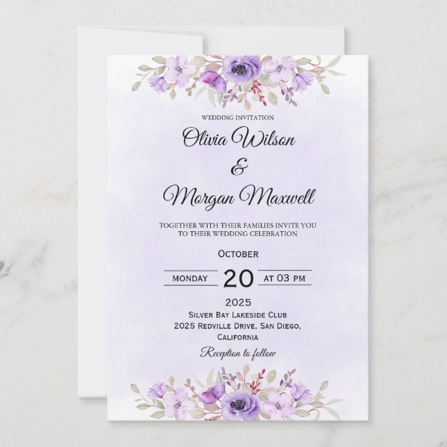 Invitación Modern Purple Minimalist Floral Wedding Invitation (Anverso)
