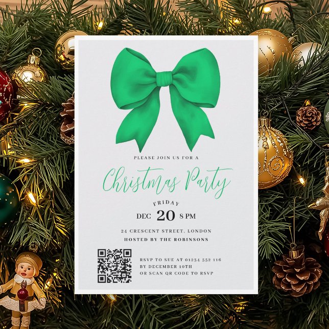 Invitación Modern QR Green Holiday Bow Christmas Party (Subido por el creador)