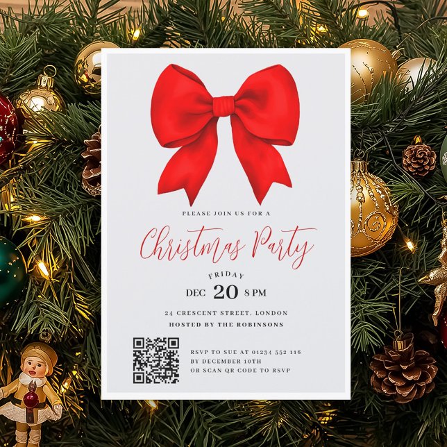 Invitación Modern QR Red Holiday Bow Christmas Party (Modern QR Red Holiday Bow Christmas Party Invitation)