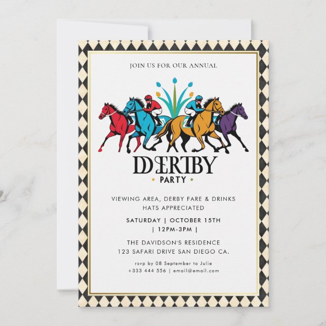 Invitación Modern Race Horse Derby Party Equestrian Invitatio (Anverso)