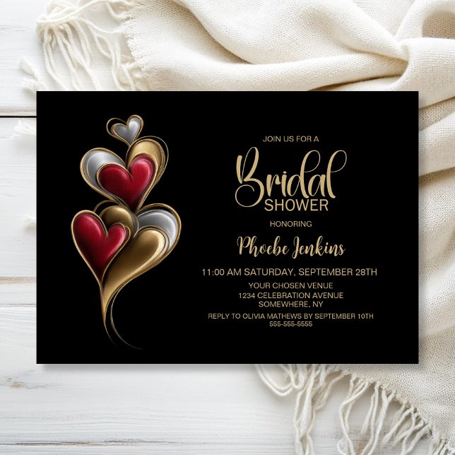 Invitación Modern Red and Gold Hearts Bridal Shower (Subido por el creador)
