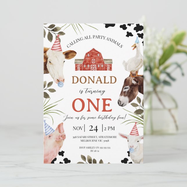 Invitación Modern Red Calling All Party Animals Farm Birthday (Anverso de pie)