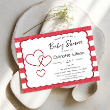 Modern Red Chalk Stripes Triple Hearts Baby Shower