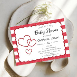 Invitación Modern Red Chalk Stripes Triple Hearts Baby Shower
