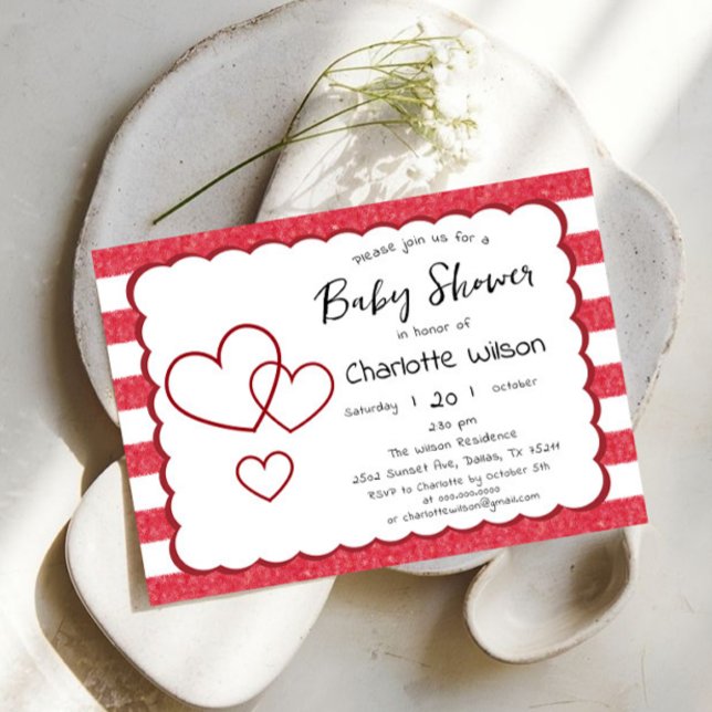Invitación Modern Red Chalk Stripes Triple Hearts Baby Shower (Subido por el creador)