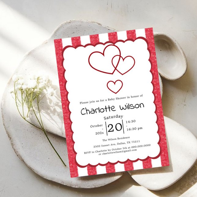 Invitación Modern Red Chalk Stripes Vertical Baby Shower (Subido por el creador)