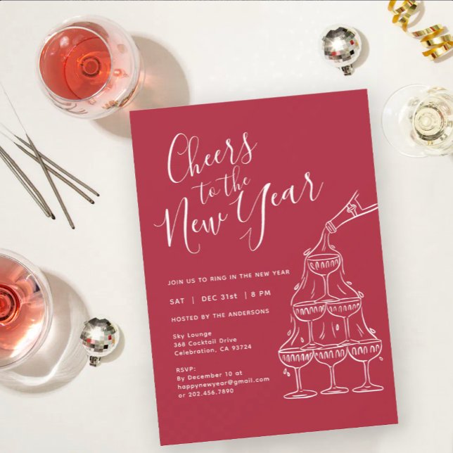 Invitación Modern Red Cheers to the New Year Party  (Subido por el creador)