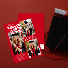 Invitación Modern Red Class of 2026 3-Photo Graduation Invite
