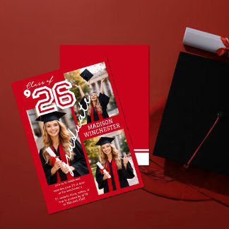 Invitación Modern Red Class of 2026 3-Photo Graduation Invite