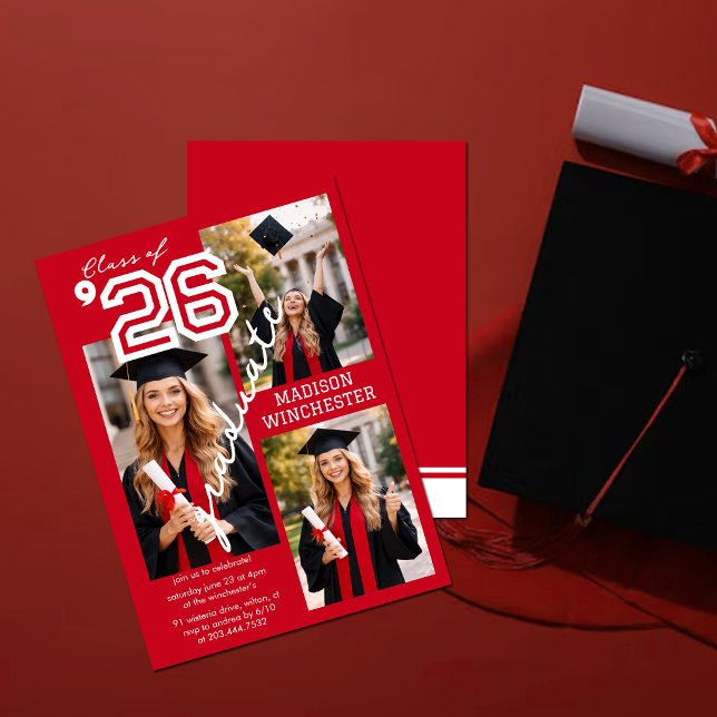 Invitación Modern Red Class of 2026 3-Photo Graduation Invite (Subido por el creador)