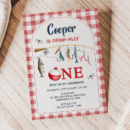 Invitación Modern Red Gingham Ofishally One 1st Birthday