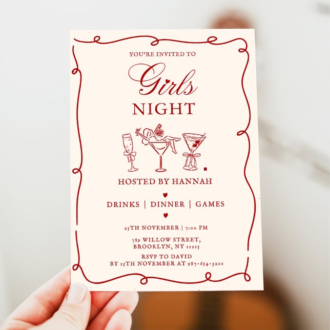 Invitación Modern Red Girls Night Dinner Party  Invitation (Subido por el creador)