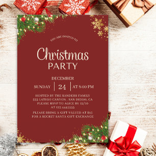 Invitación Modern Red & Gold Christmas Party Invite