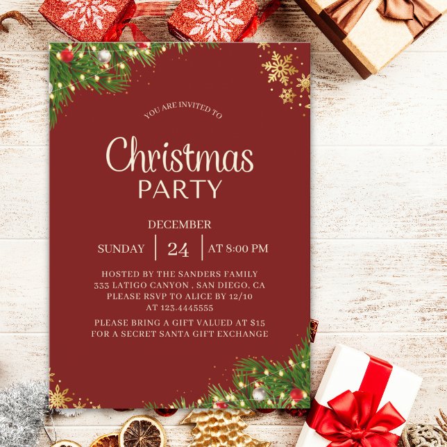 Invitación Modern Red & Gold Christmas Party Invite (Subido por el creador)