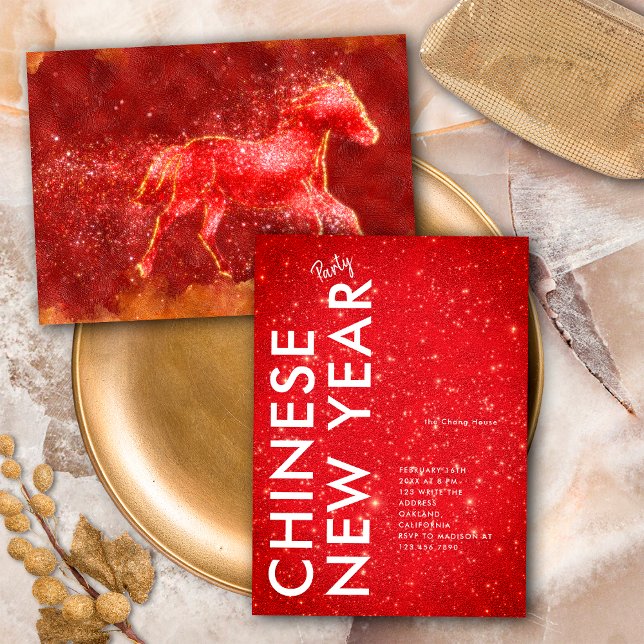 Invitación Modern Red Gold Glitter Horse 2026 Lunar New Year (Subido por el creador)