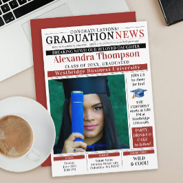 Invitación Modern Red GraduaTe Newspaper Front Page College