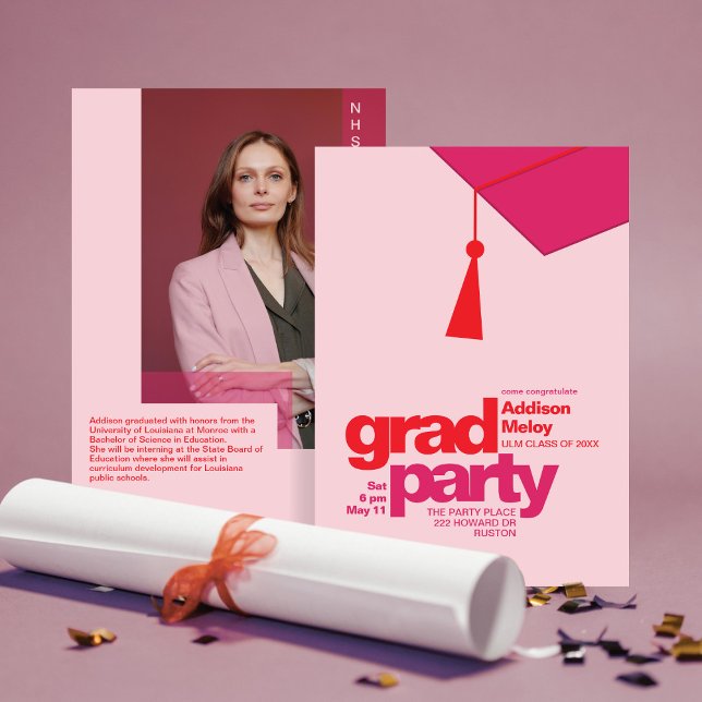 Invitación Modern Red & Pink Typography Grad Party Photo (Subido por el creador)