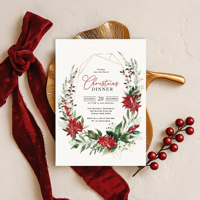 Invitación Modern Red Poinsettia Greenery Christmas Dinner (Subido por el creador)