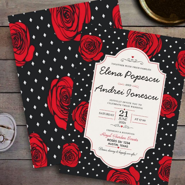 Invitación Modern Red Rose Elegant Black and Red Romantic  (Subido por el creador)