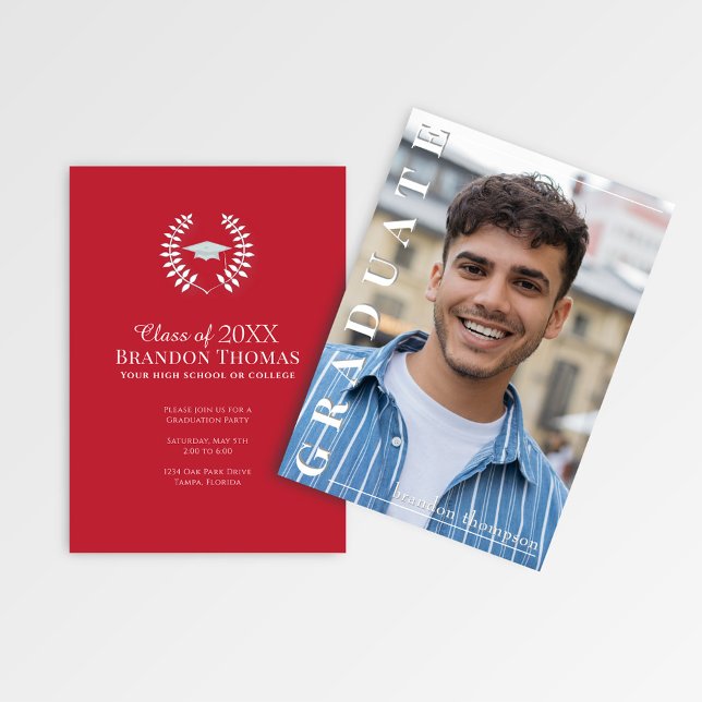 Invitación Modern Red Vertical Name Graduation Photo Card (Red graduation photo announcement with laurel emblem and customizable party details.)