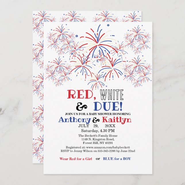 Invitación Modern Red White & Due 4th July Baby Shower (Anverso / Reverso)
