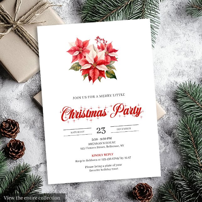Invitación Modern Red White Poinsettia Bouquet Christmas  (Modern Red White Poinsettia Bouquet Christmas Invitation)