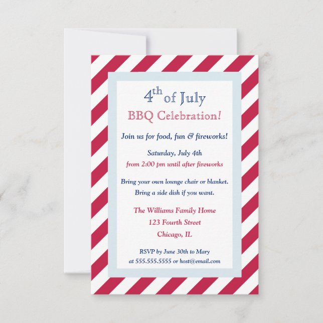 Invitación Modern Red White Stripes 4 de julio Fiesta de barb (Anverso)