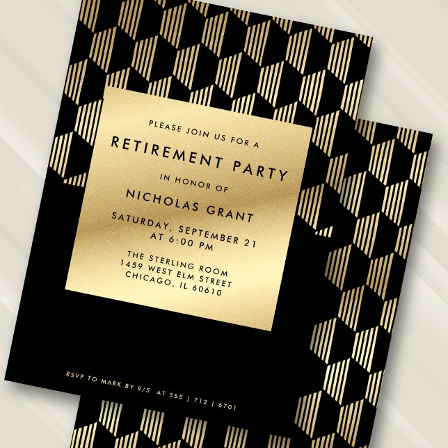 Invitación Modern Retirement Party Black and Gold Faux Foil (Personalize names, date, and RSVP details.)