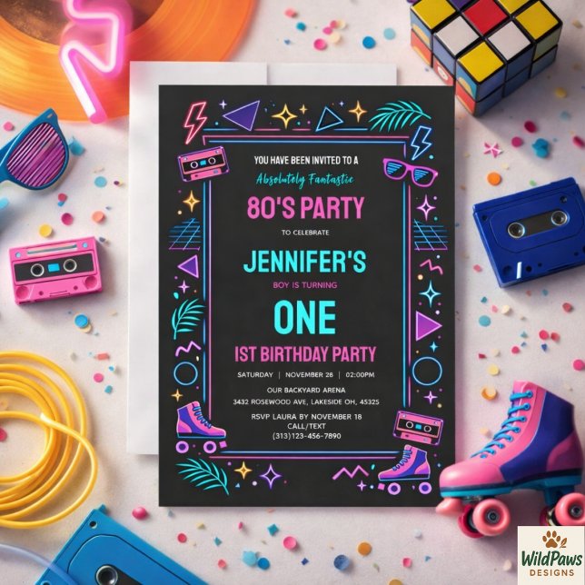 Invitación Modern Retro Neon 80’s 1st Birthday Party (Modern Retro Neon 80’s 1st Birthday Party Invitation
)