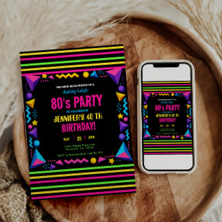 Invitación Modern Retro Neon 80's Birthday Party