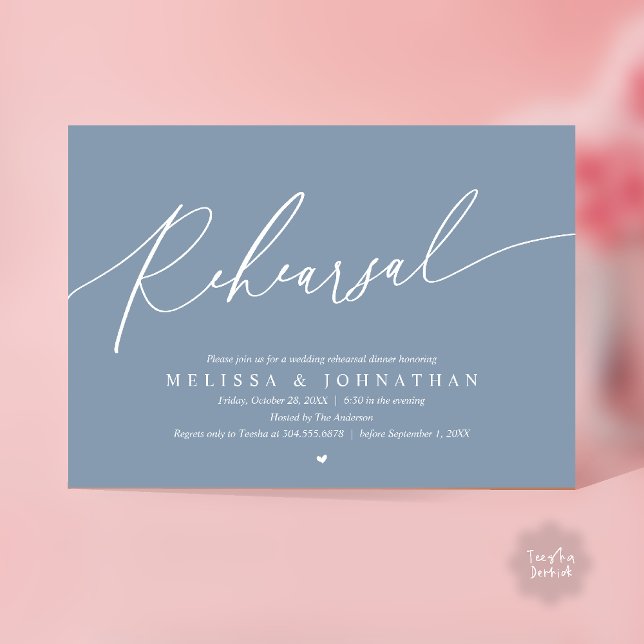 Invitación Modern Romantic Rehearsal Wedding Dinner Dancing (Modern Romantic Rehearsal Wedding Dinner Dancing Invitation Card in Dusty Blue)