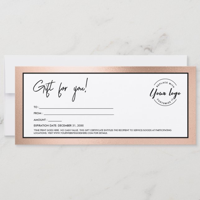 Invitación Modern Rose Gold Add Logo Gift Certificate (Anverso)