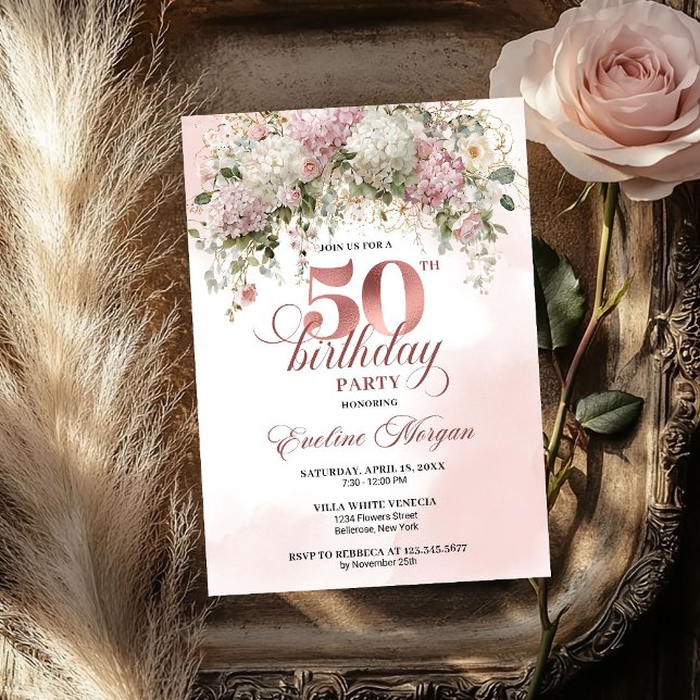 Invitación Modern Rose Gold Blush Flowers 50th Birthday   (Modern Rose Gold Blush Flowers 50th Birthday Invite)