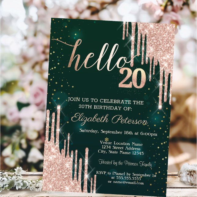 Invitación Modern Rose Gold Glitter Drips Green 20th Birthday (Subido por el creador)