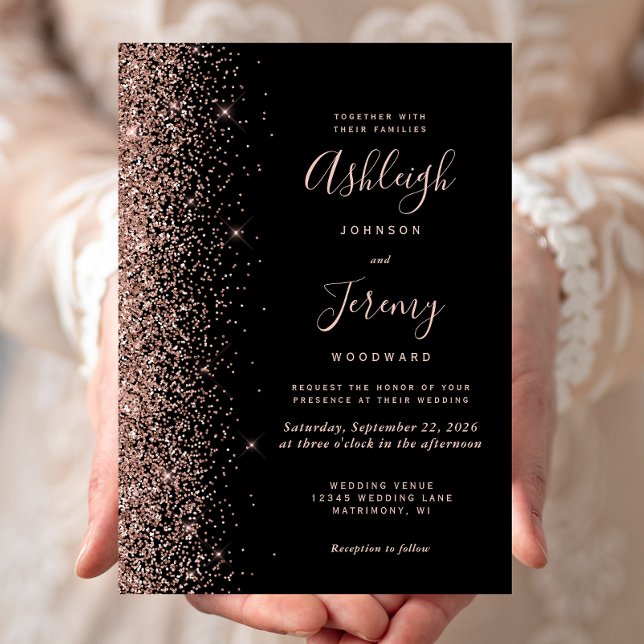 Invitación Modern Rose Gold Glitter Edge Black Wedding (Subido por el creador)