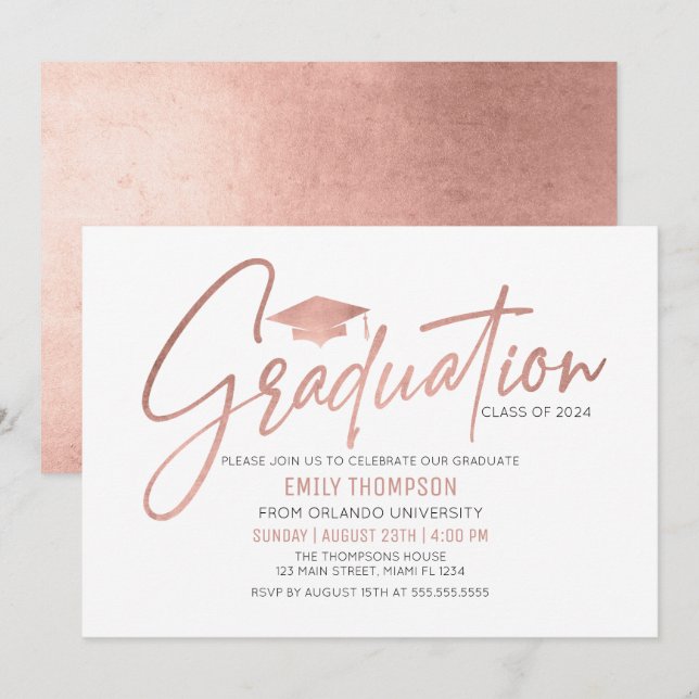 Invitación Modern Rose Gold  Graduation Invitation (Anverso / Reverso)